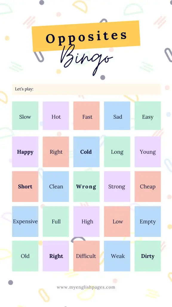 Bingo With Opposites