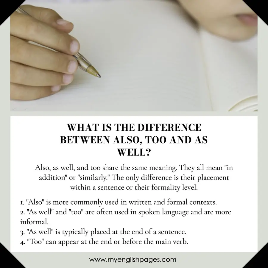 Difference between also too and as well illustration