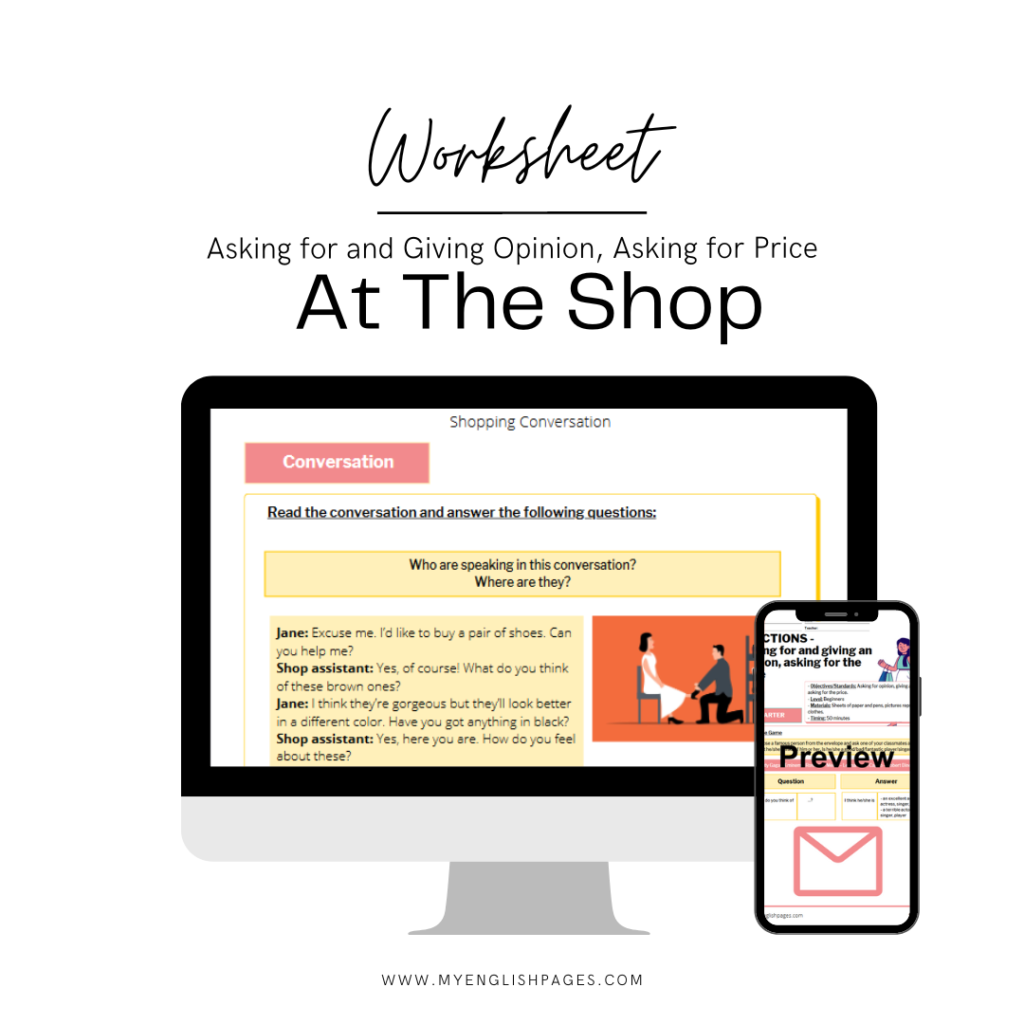Shopping worksheet: Asking for and giving-opinion asking for price